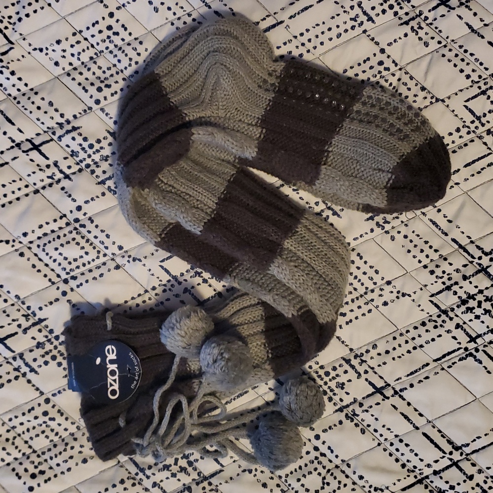 FWB💫 Grey Cable Knit Striped Pom Pom OTK Boot Socks